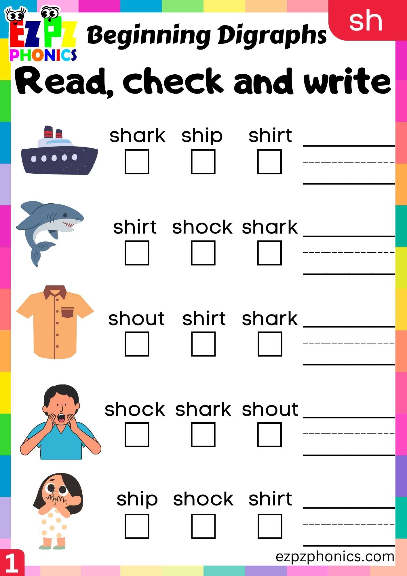 Group1 SH Words Read, Check And Write Consonant Digraphs Phonics Beginning Worksheet